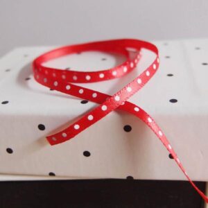 Mini White Dot Ribbon - Red Satin (1/8" x 75')