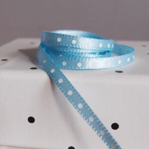 Mini White Dot Ribbon - Light Blue Satin (1/8" x 75')