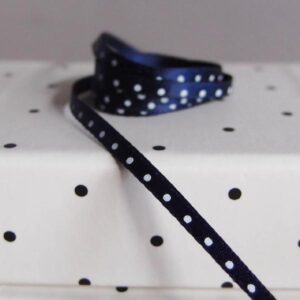 Mini White Dot Ribbon - Navy Satin (1/8" x 75')