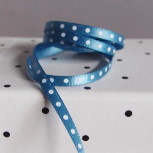 Mini White Dot Ribbon - Country Blue Satin (1/8" x 75')